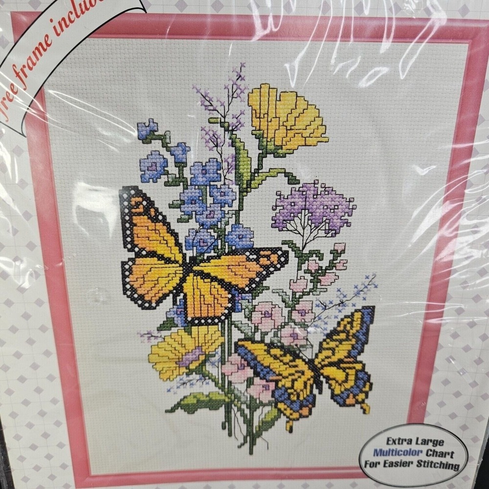 Bucilla Butterflies and Flowers Counted Cross Stitch Kit Frame Included Sealed